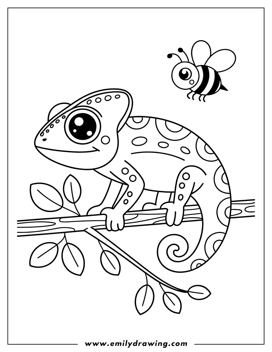 Line art of a chameleon sitting on a leafy branch, with a friendly bee flying nearby.