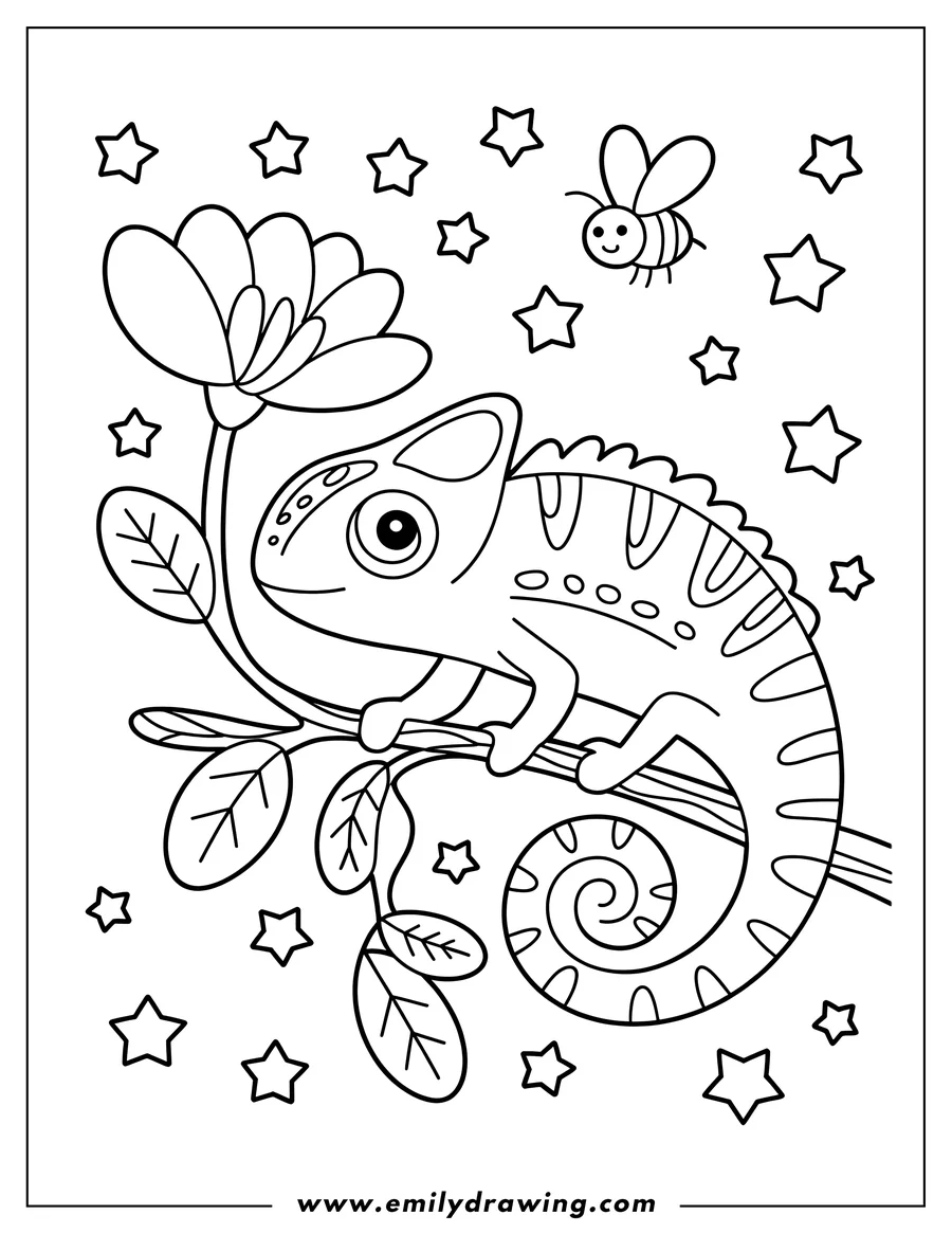 Line art of a chameleon on a branch with a flower and a bee, surrounded by stars. Perfect for a coloring activity.