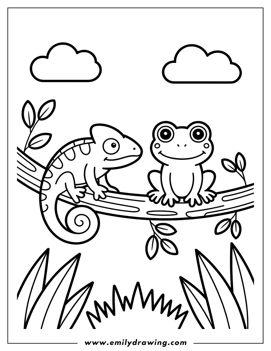 Outline of a chameleon and a frog sitting on a branch, with leaves and clouds in the background.