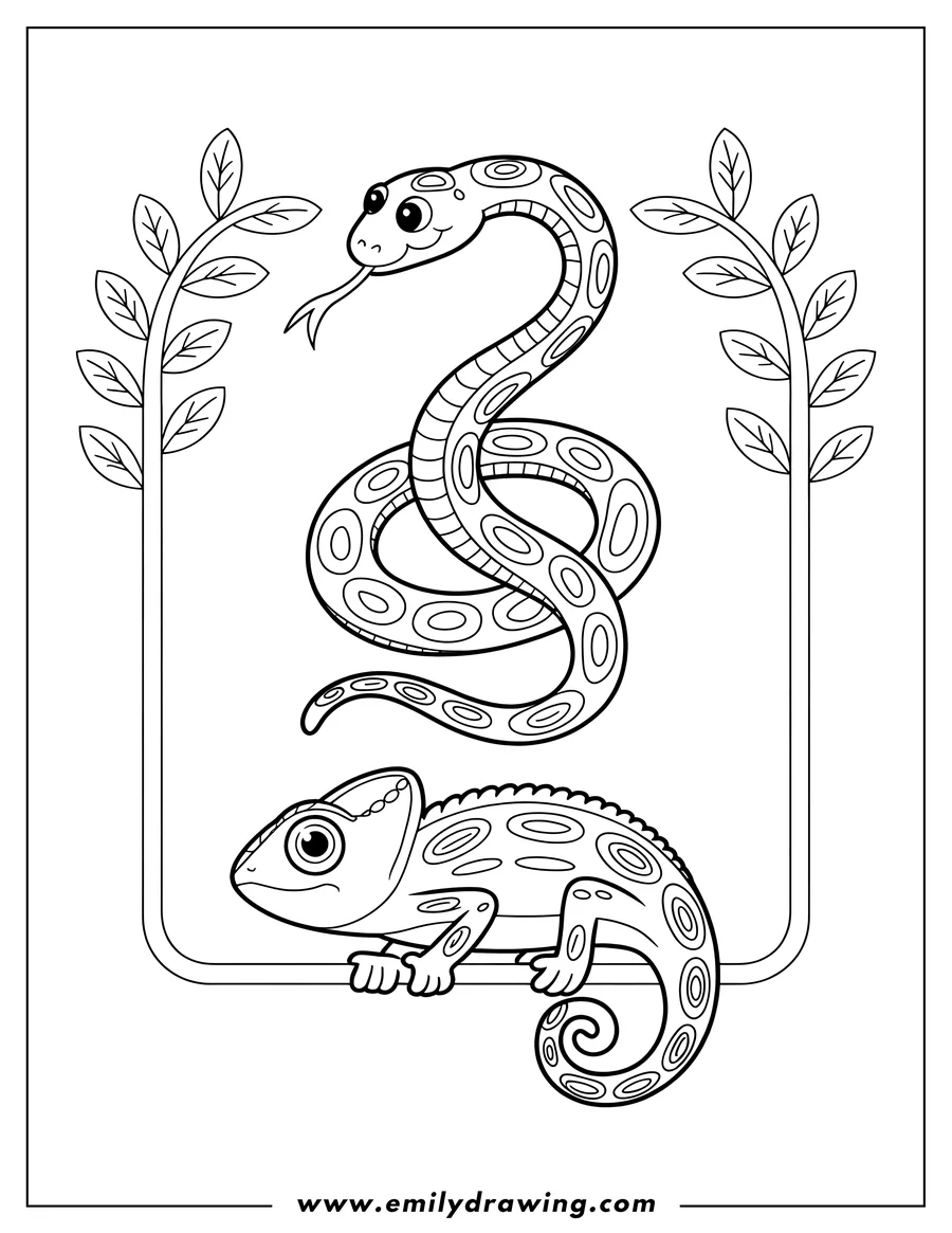 Outline of a chameleon sitting on a branch and a snake with patterned skin, framed by simple leaves.