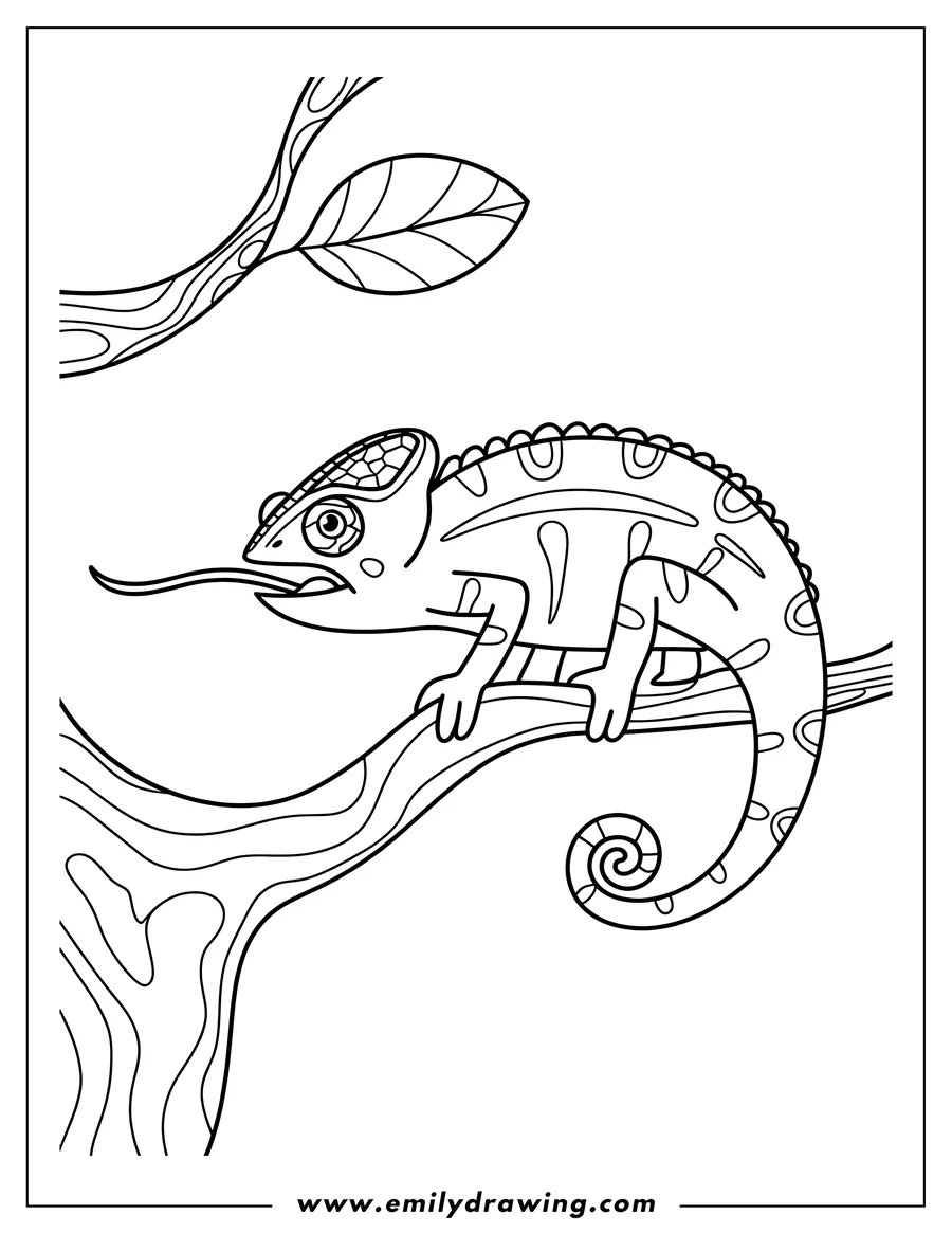 Line art of a chameleon with its tongue extended, attempting to catch a fly. It's perched on a tree branch with a curled tail.