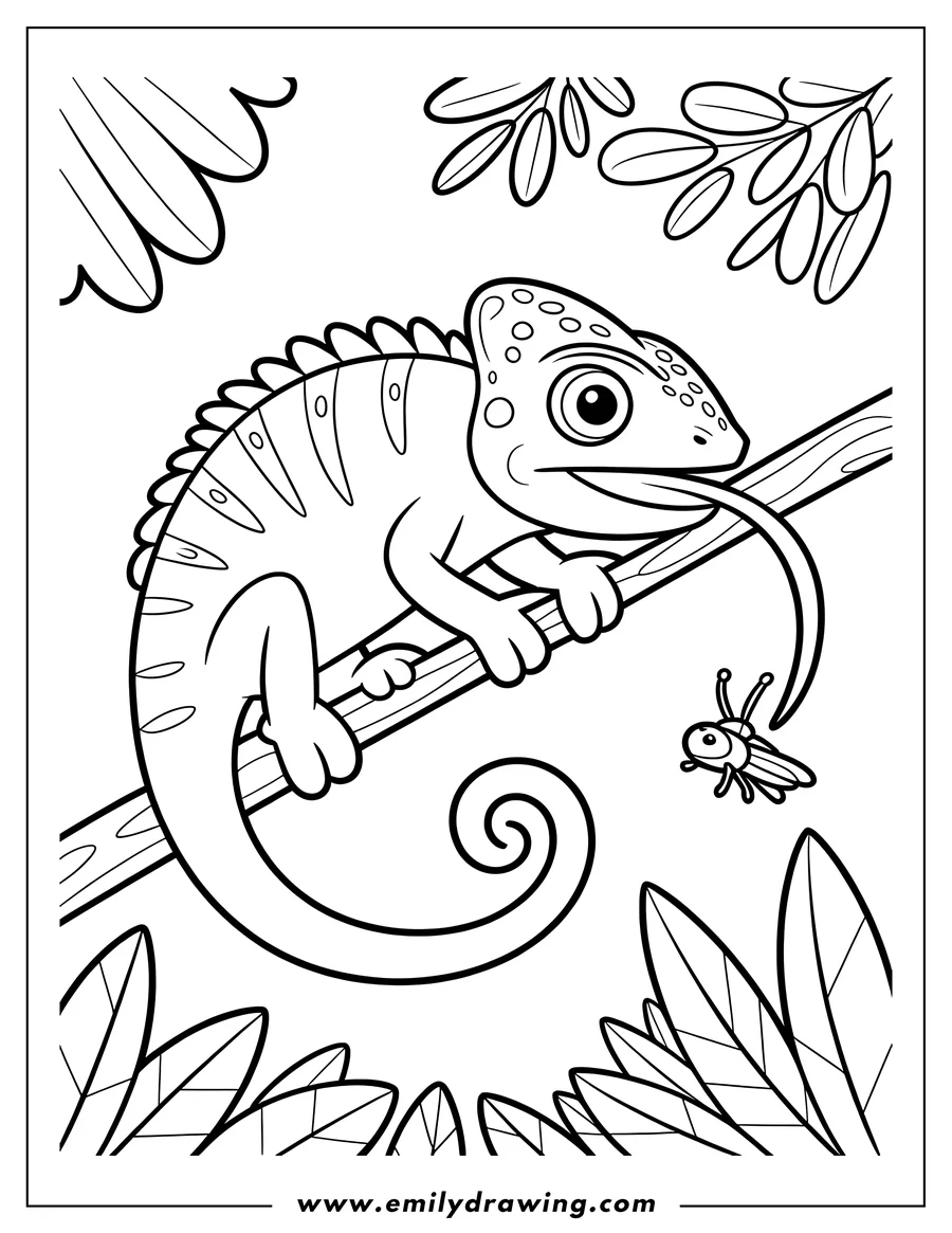 Outline of a chameleon on a branch, tongue extended to catch an insect.