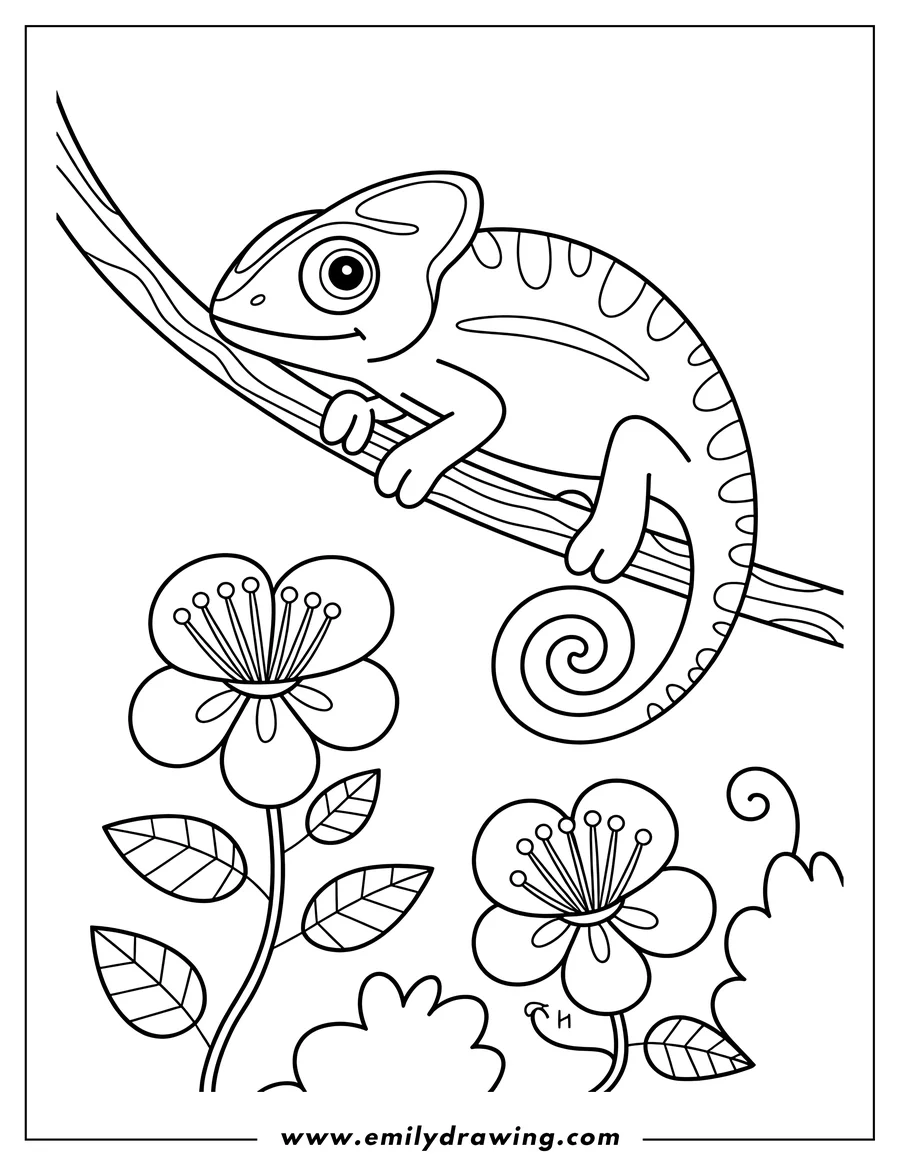 Line art of a chameleon gripping a branch with flowers below.