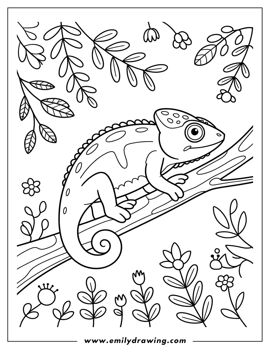 Line art of a chameleon climbing a tree branch, surrounded by simple flowers and leaves.
