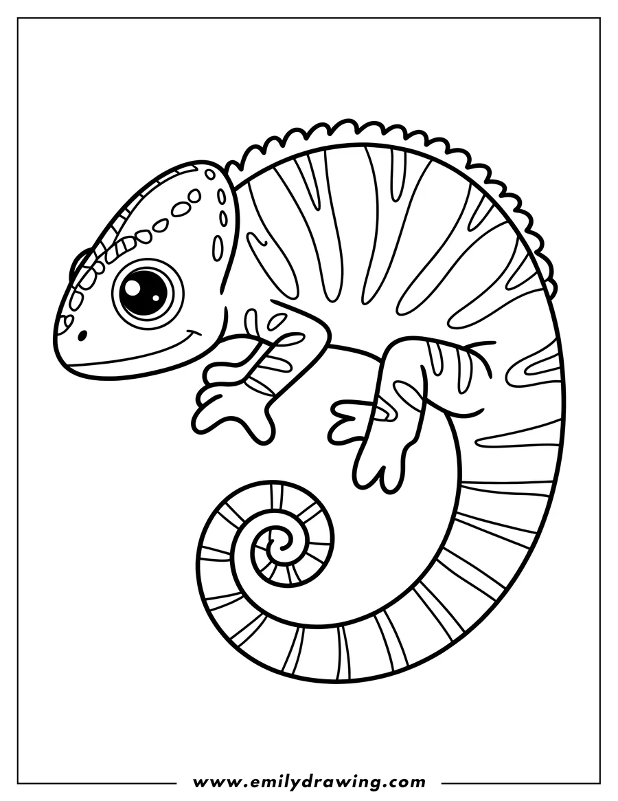 Line art of a chameleon with a curled tail.