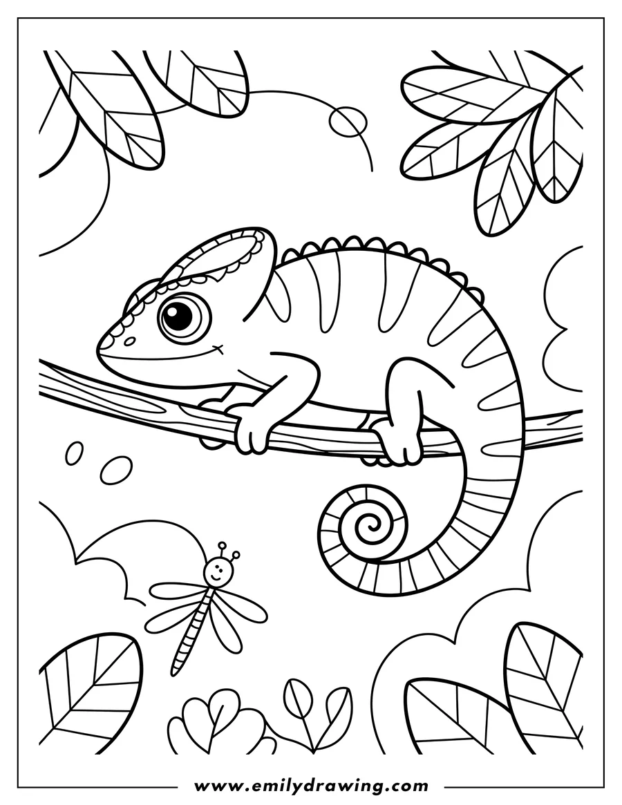 Outline of a chameleon gripping a branch with its curled tail hanging down. A friendly dragonfly hovers nearby.