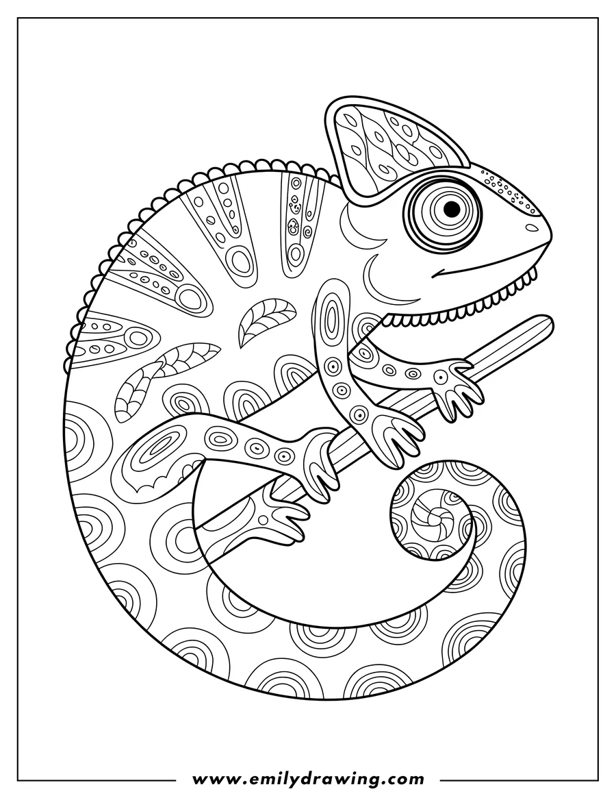 Line art of a chameleon gripping a branch with its curled tail.
