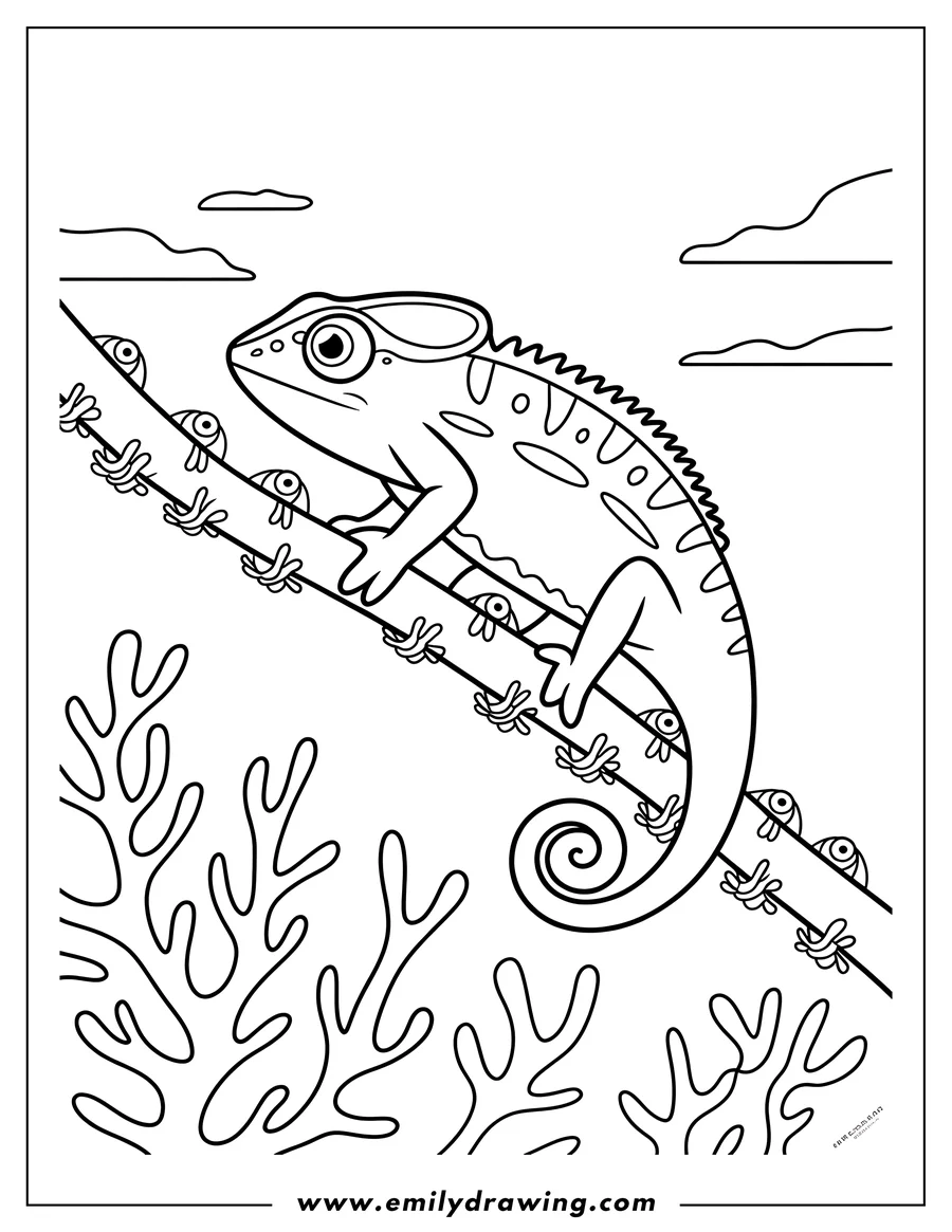 Outline of a chameleon gripping a branch with its curled tail and feet. Stylized coral or foliage appears below.