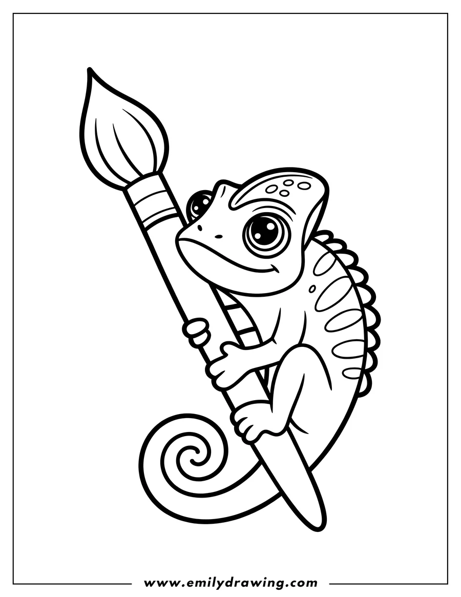 Line art of a chameleon holding a paintbrush. Its tail is curled in a spiral.
