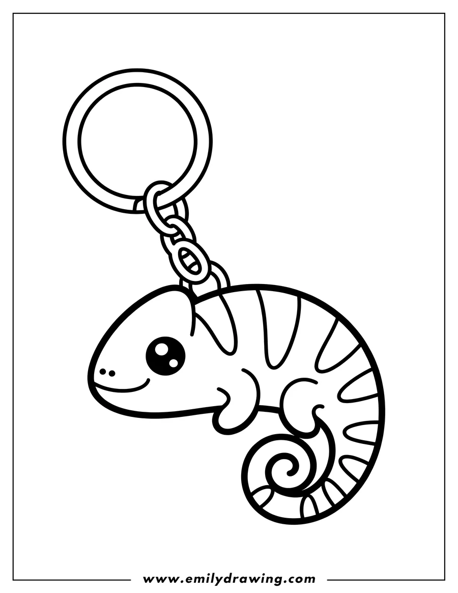 Line art of a chameleon hanging from a keychain.