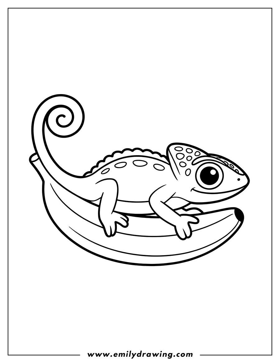 Outline of a chameleon sitting on a banana. Its tail is curled.