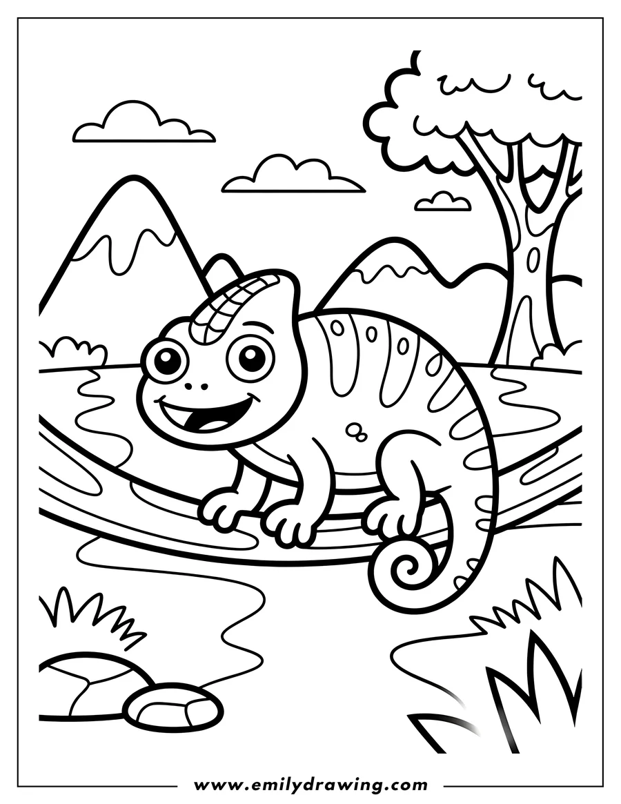Outline of a friendly chameleon sitting on a branch with mountains, a tree, and clouds in the background.