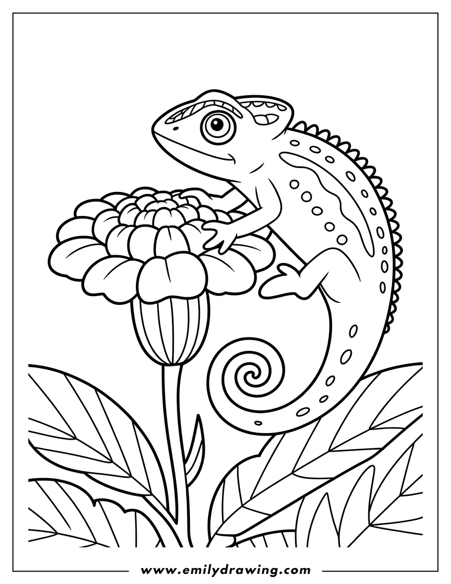 Outline of a chameleon sitting on a flower. Its tail is curled, and it's looking to the side.