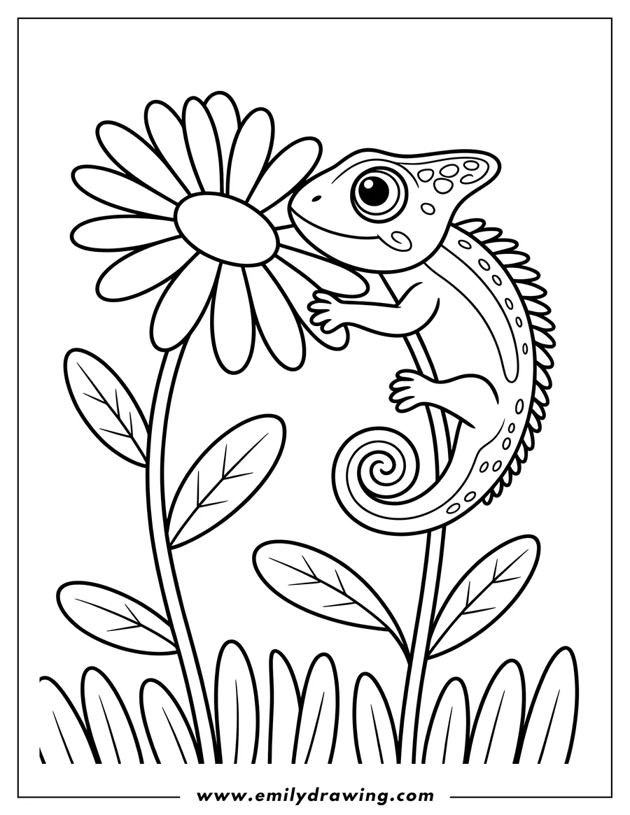 Outline of a chameleon climbing a flower stem. Its tail is curled around the stem.