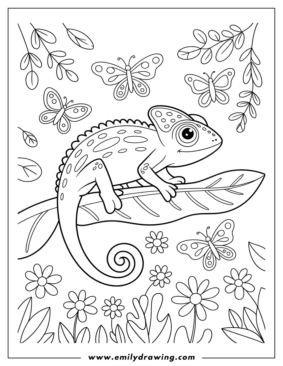 Line art of a chameleon resting on a leaf, with butterflies and flowers around it.