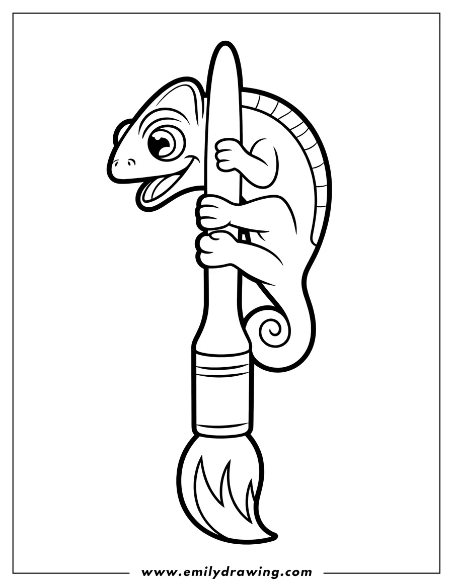 Line art of a chameleon holding onto a paintbrush.