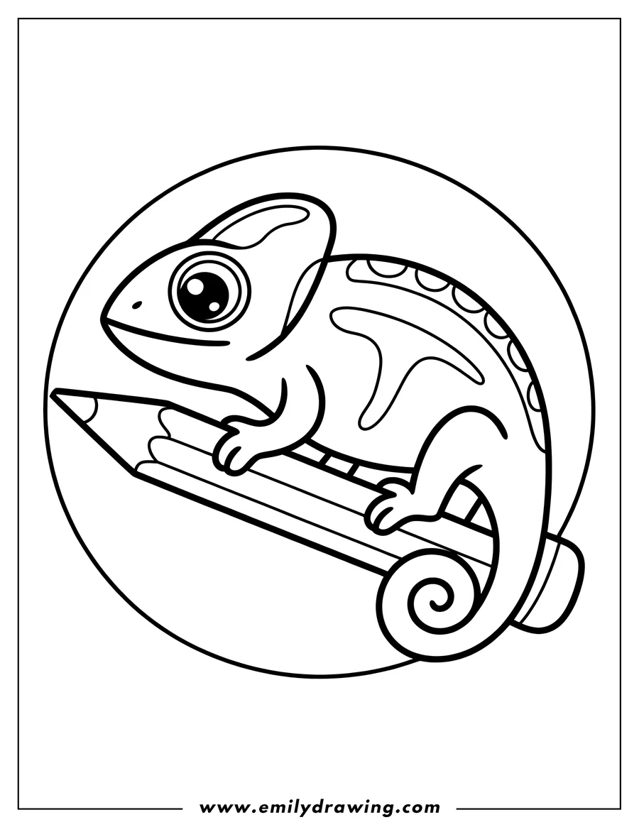 Outline of a chameleon sitting on a pencil within a circular frame.