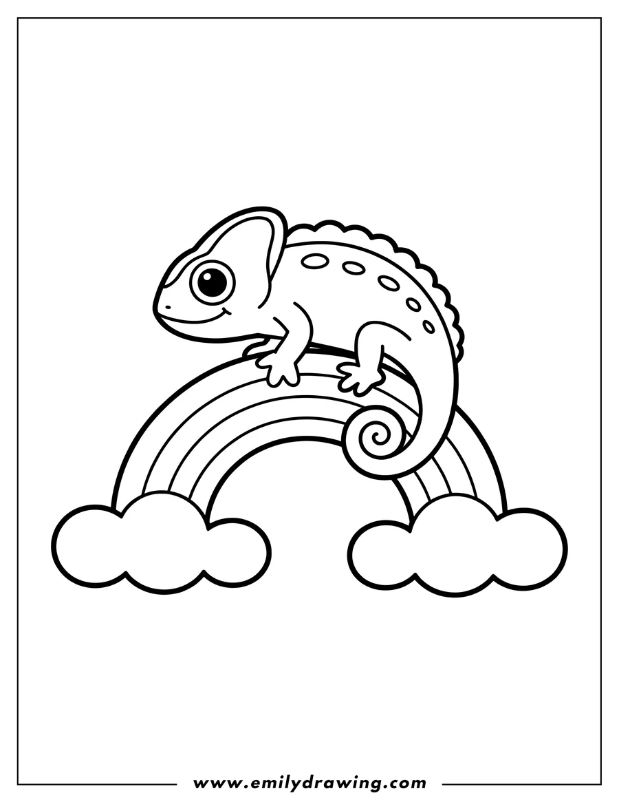 Outline of a chameleon sitting on a rainbow with its tail curled. Two simple clouds are at either end of the rainbow.