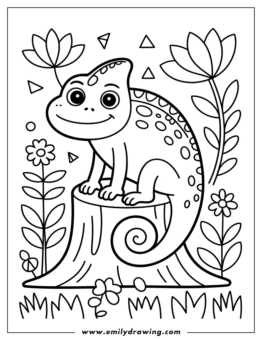 Outline of a chameleon sitting on a tree stump, surrounded by flowers and simple geometric shapes.