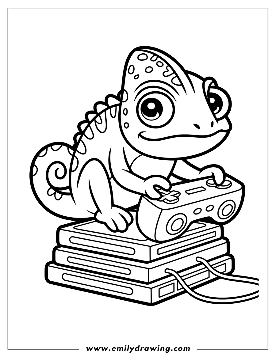 Line art of a chameleon playing a video game while sitting on a game console.