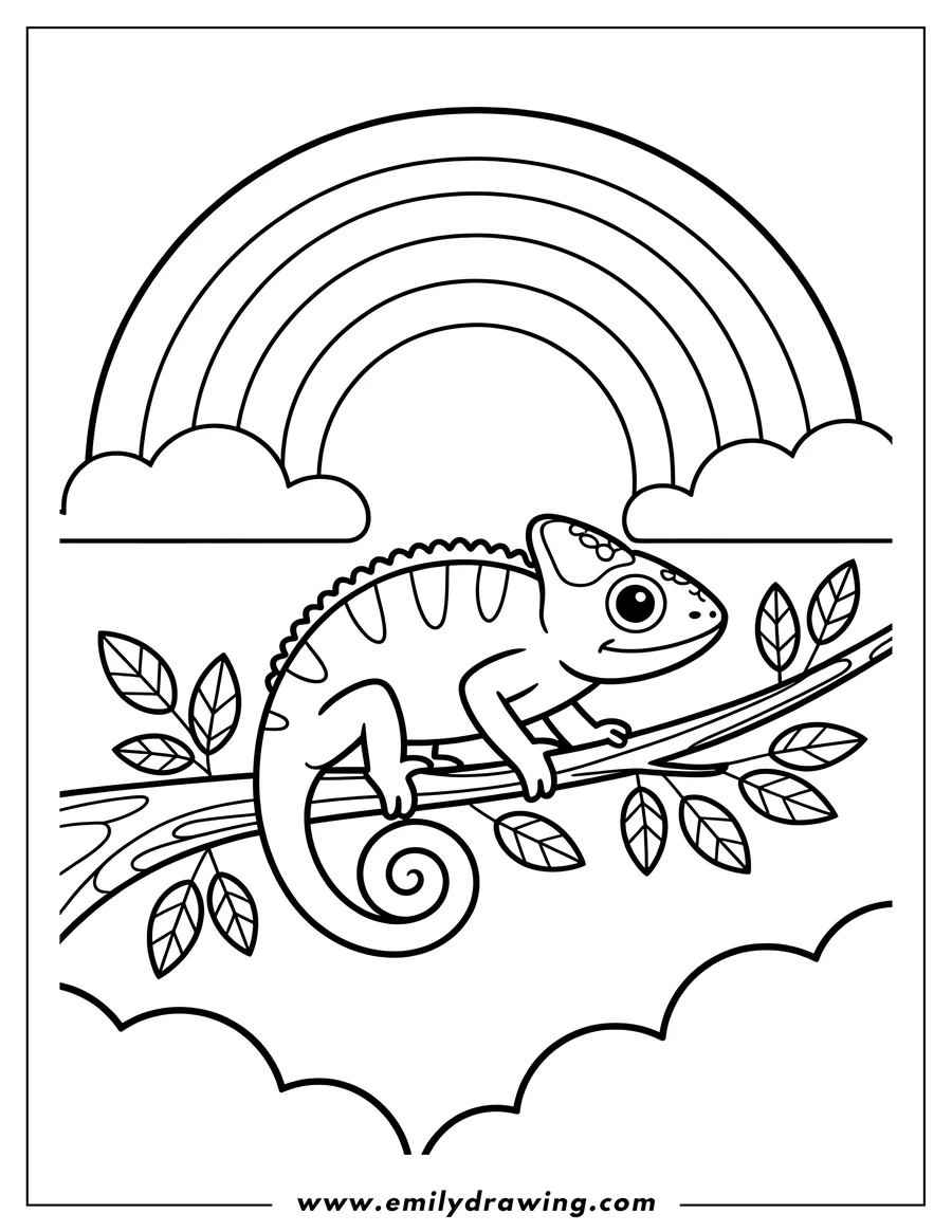Outline of a chameleon sitting on a leafy branch with a rainbow and clouds in the background.