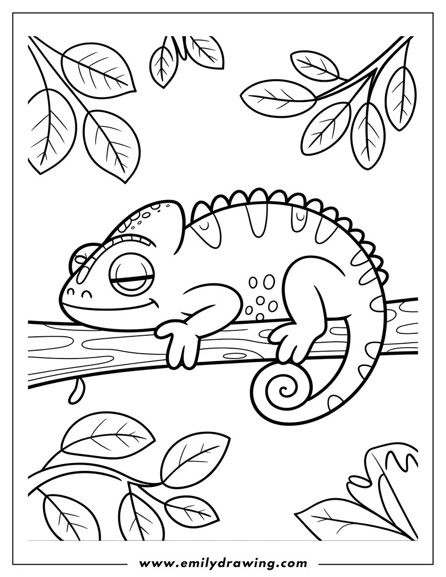 Line art of a chameleon resting on a tree branch. Its tail is curled around the branch, and its eyes are almost closed.