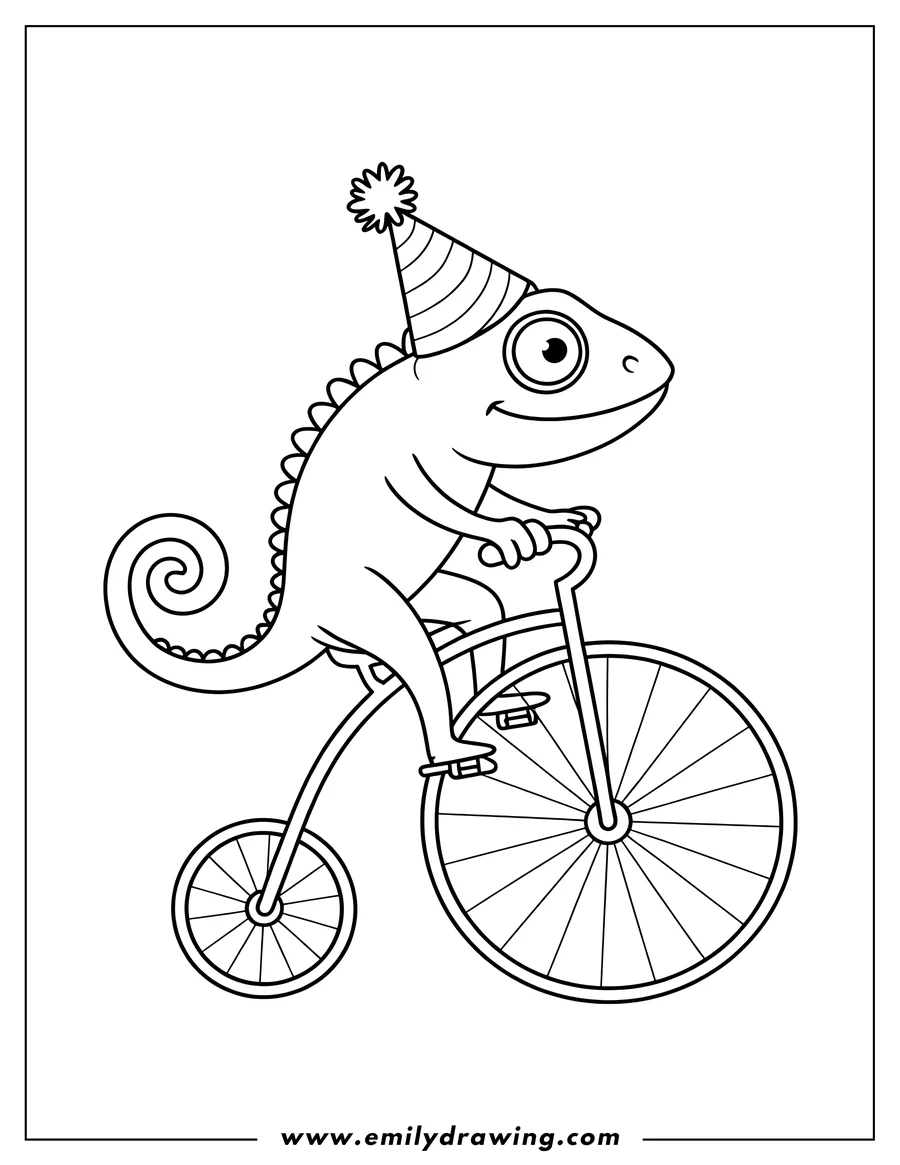 Line art of a chameleon wearing a party hat and riding a penny-farthing bicycle.