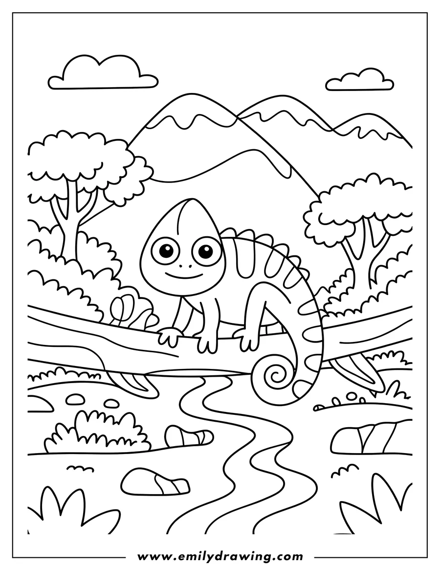 Outline of a chameleon sitting on a branch over a small river, with trees and mountains in the background.