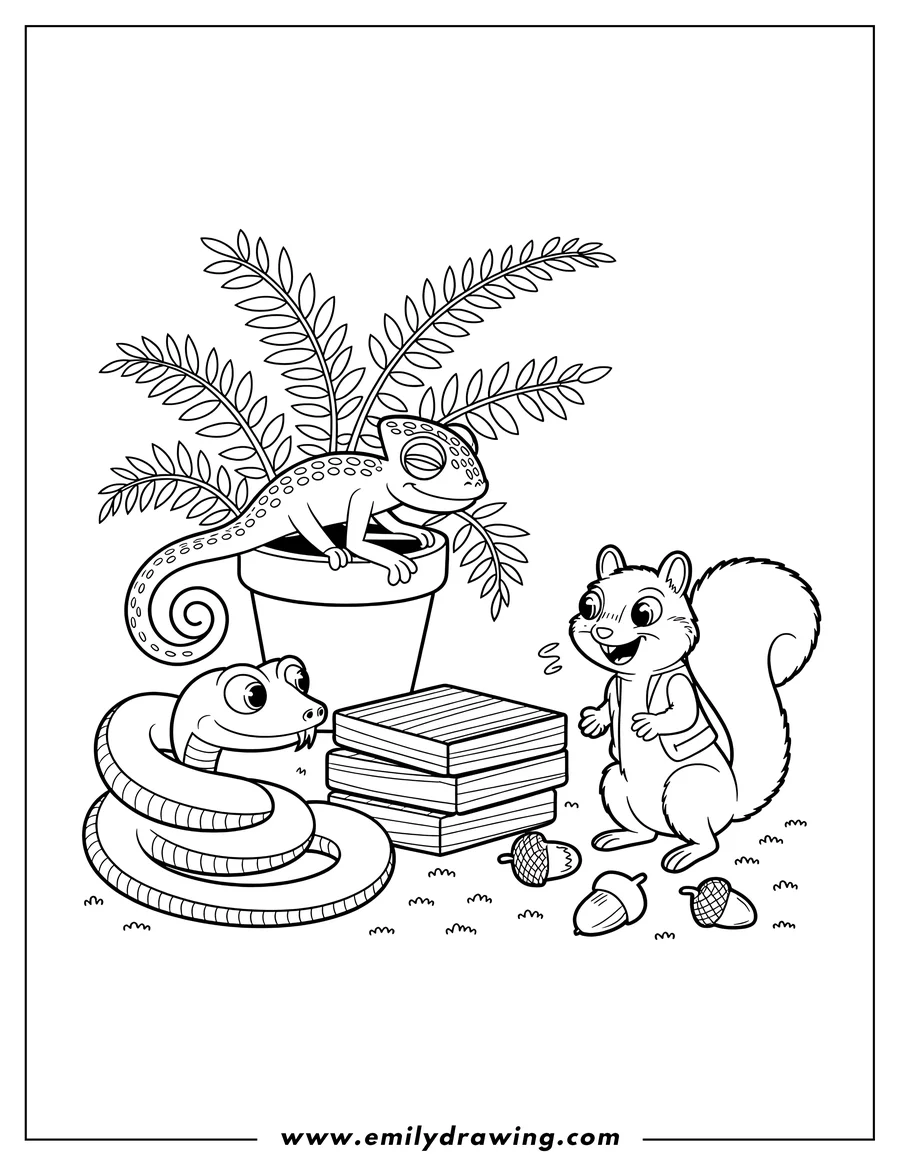 Outline of a chameleon in a plant pot, a snake, a squirrel, and some acorns.
