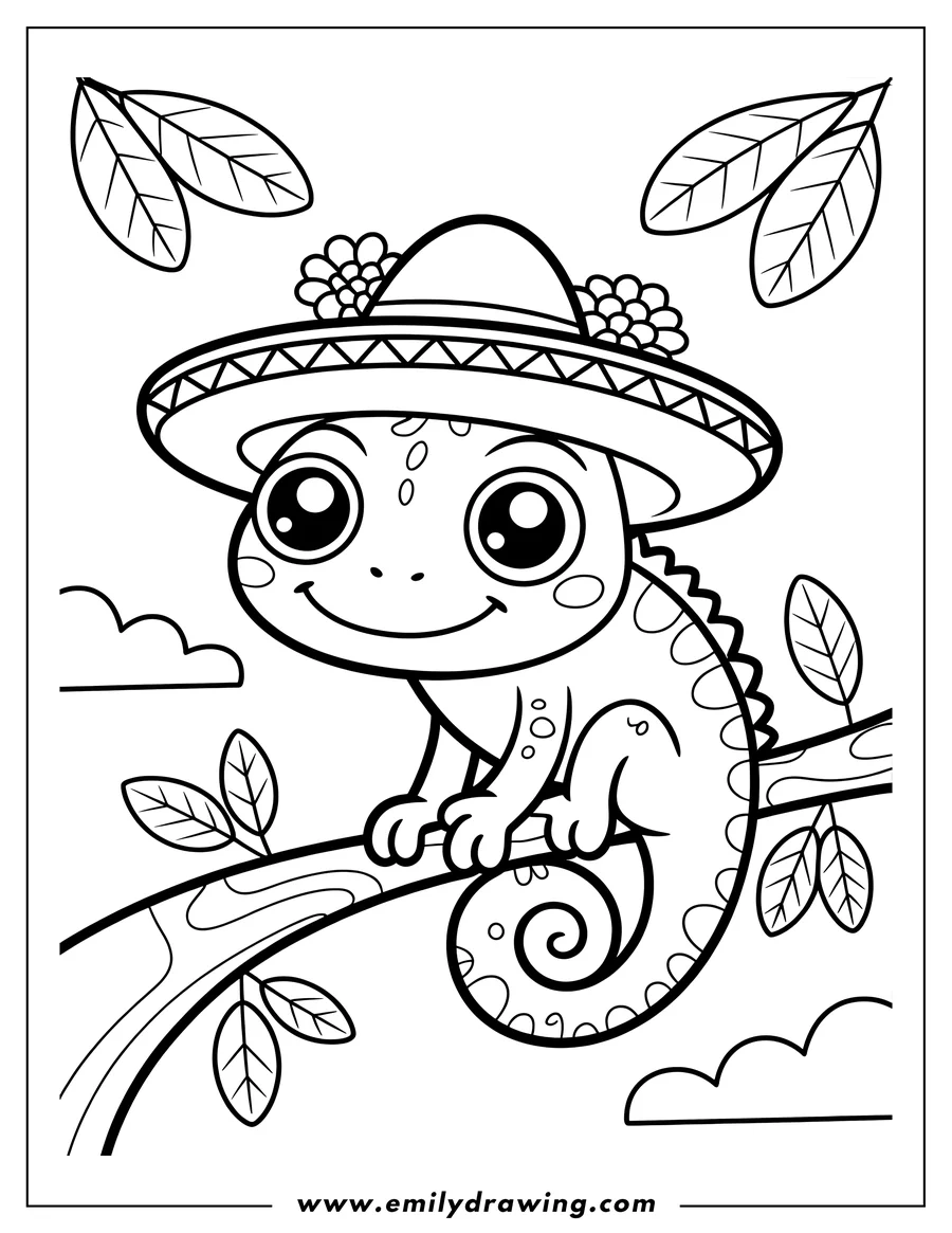 Outline of a chameleon wearing a sombrero and perched on a branch.
