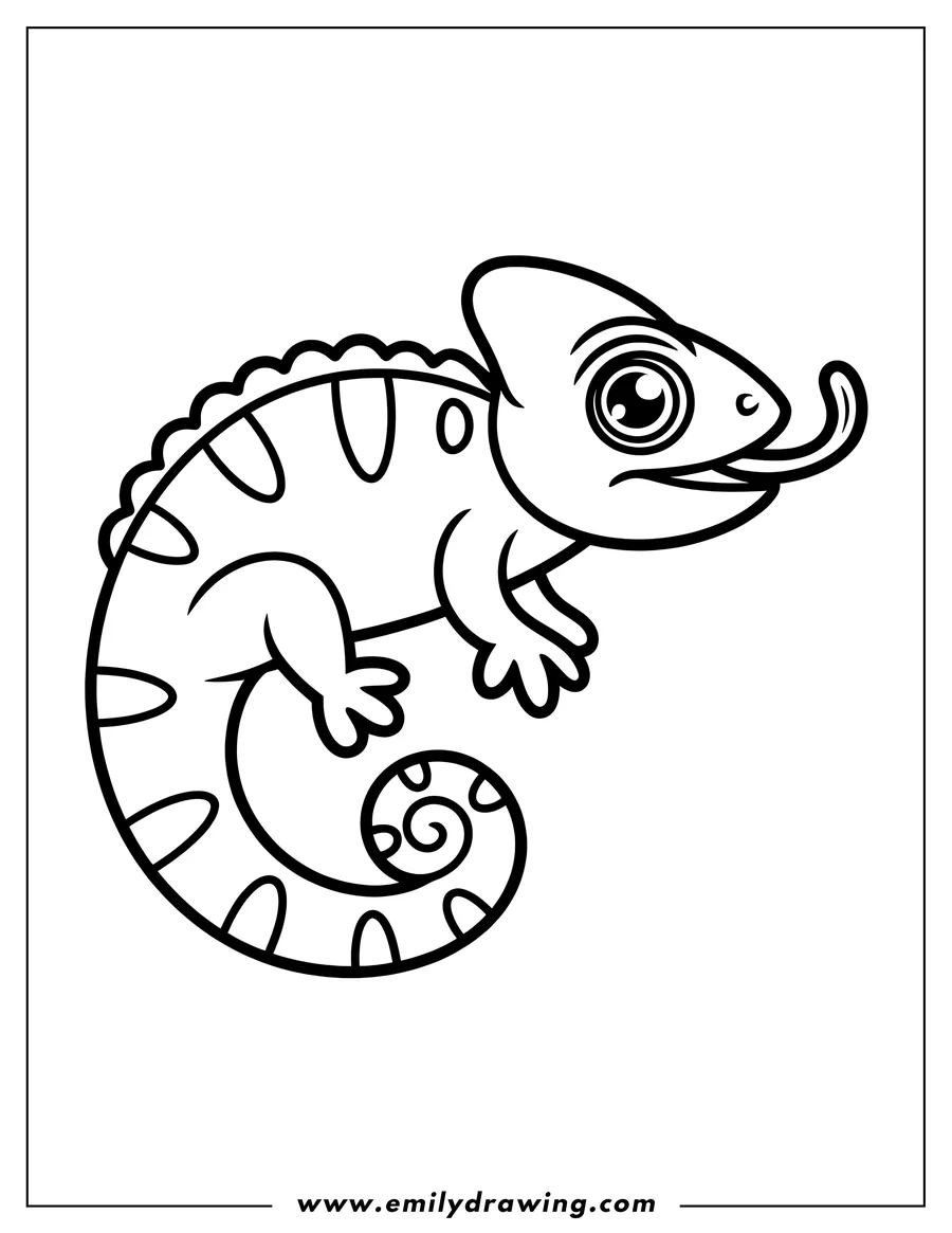 Outline of a chameleon with its tongue sticking out. It has a curled tail and large eyes.