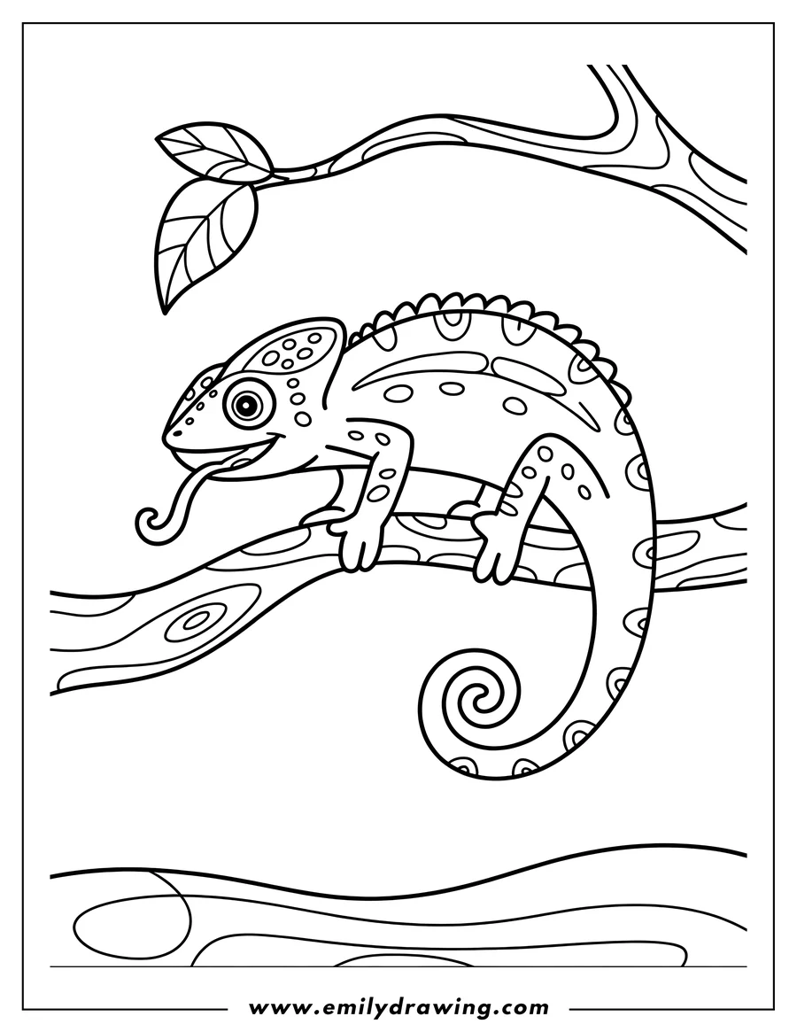 Outline of a chameleon with its tongue sticking out, perched on a tree branch with a curled tail.