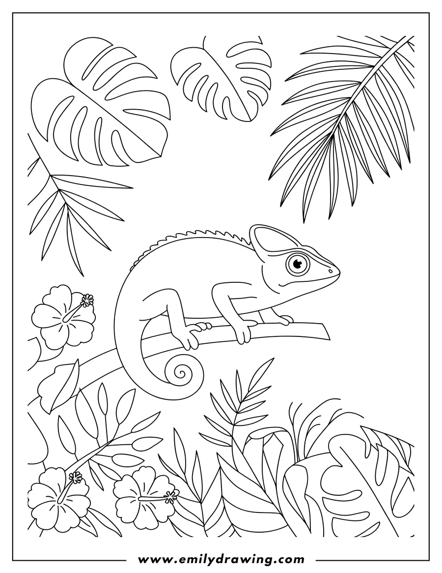 Line art of a chameleon perched on a branch amidst tropical leaves and hibiscus flowers.