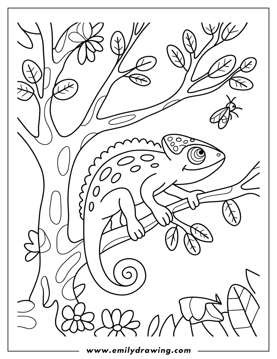 Line art of a chameleon perched on a tree branch, its gaze fixed on a nearby insect. The chameleon's tail is curled, and it has distinctive markings on its body. It appears ready to catch the insect.