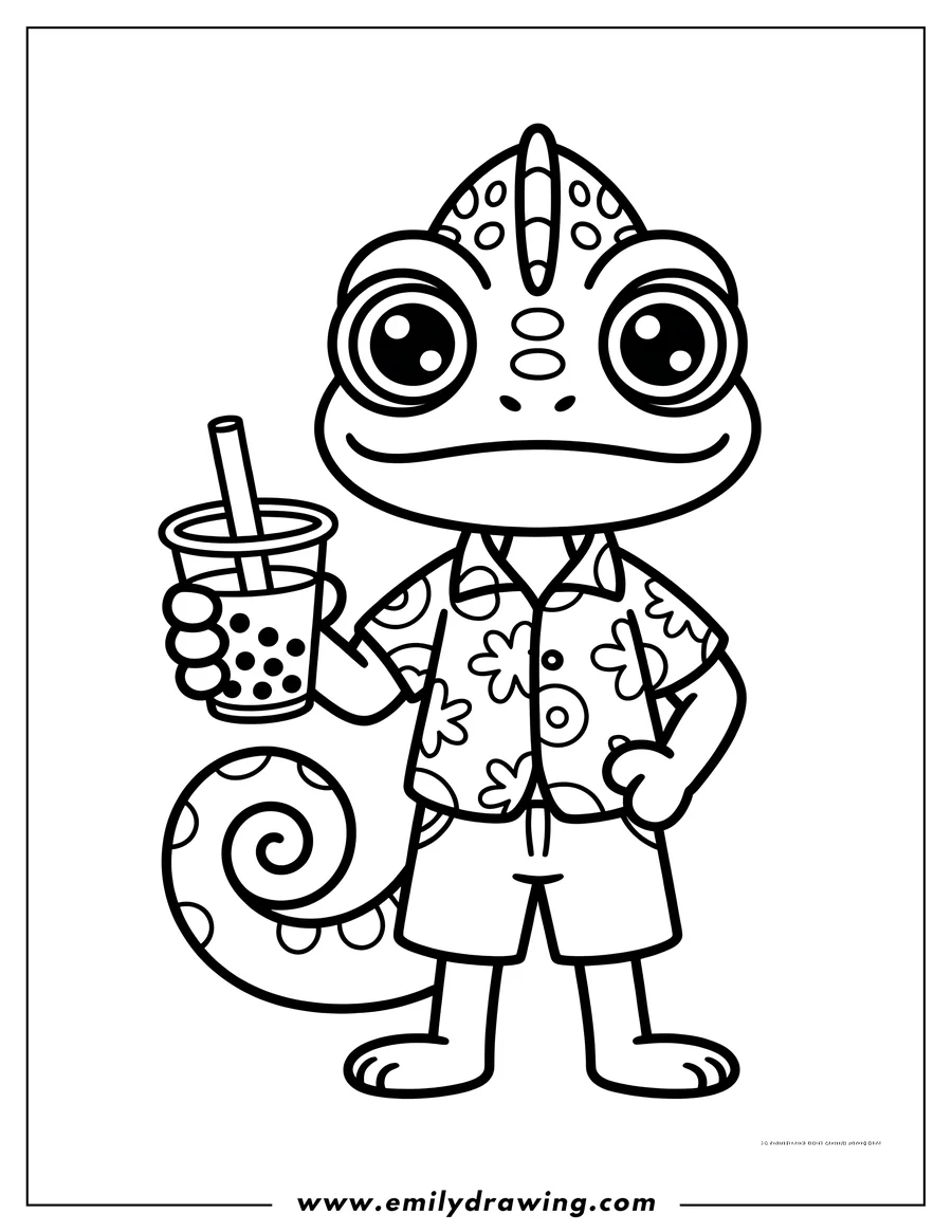 Line art of a chameleon wearing a floral shirt and shorts, holding a boba drink.