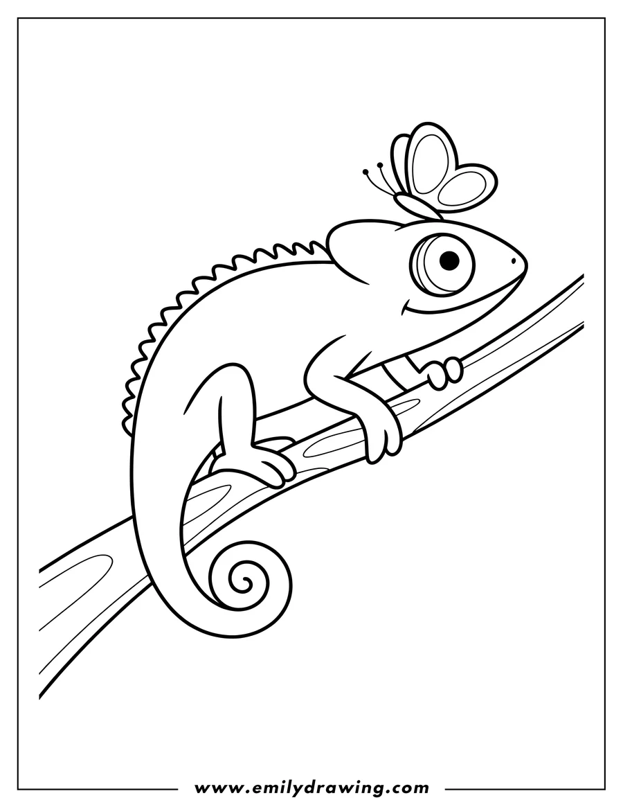 Outline of a chameleon sitting on a branch with a butterfly perched on its head.