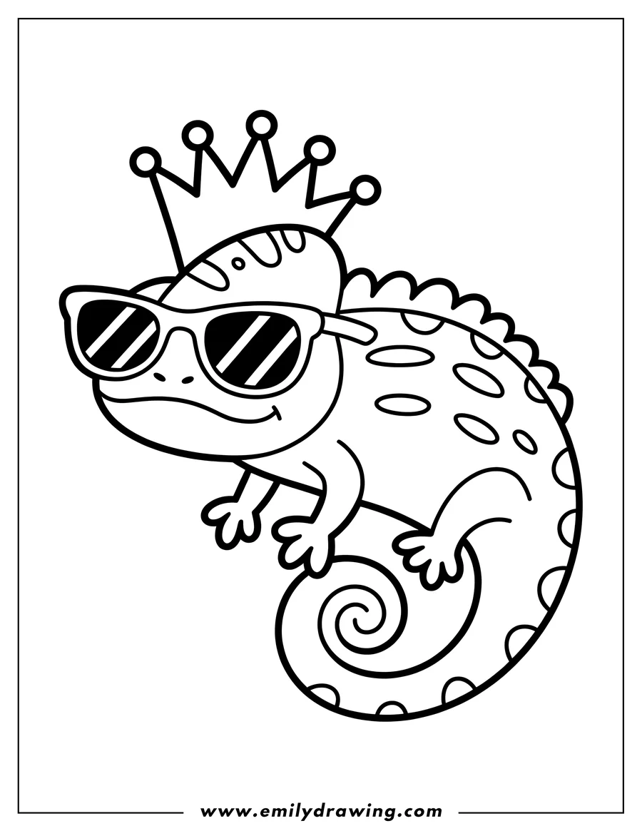 Outline of a chameleon wearing a crown and sunglasses, with its tail curled into a spiral.
