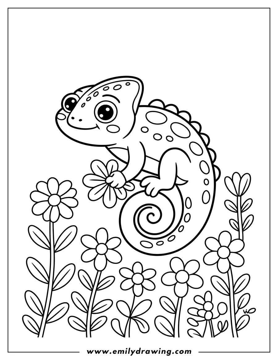 Outline of a chameleon holding a small flower, surrounded by a field of simple flowers.