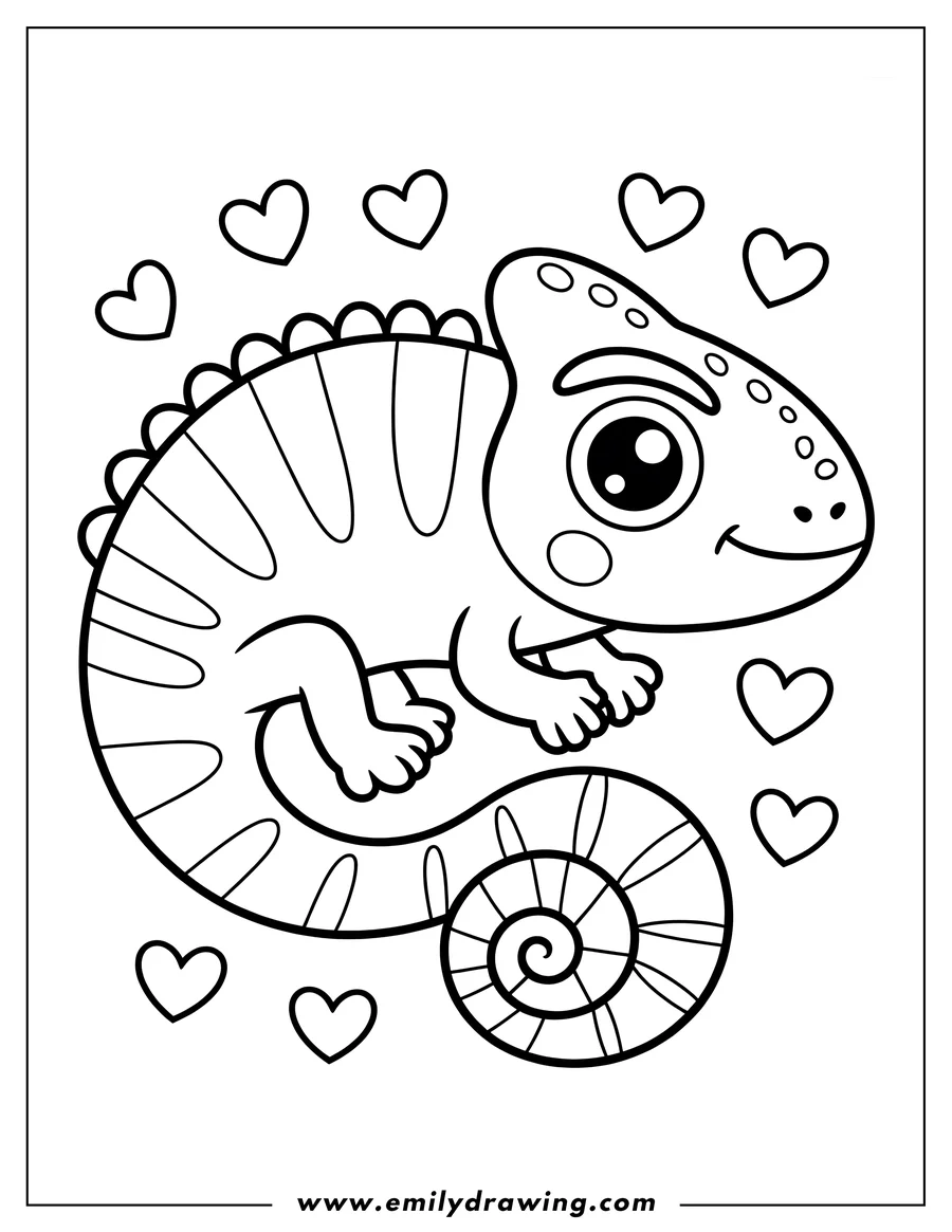 Outline of a chameleon with a curled tail, surrounded by small hearts.