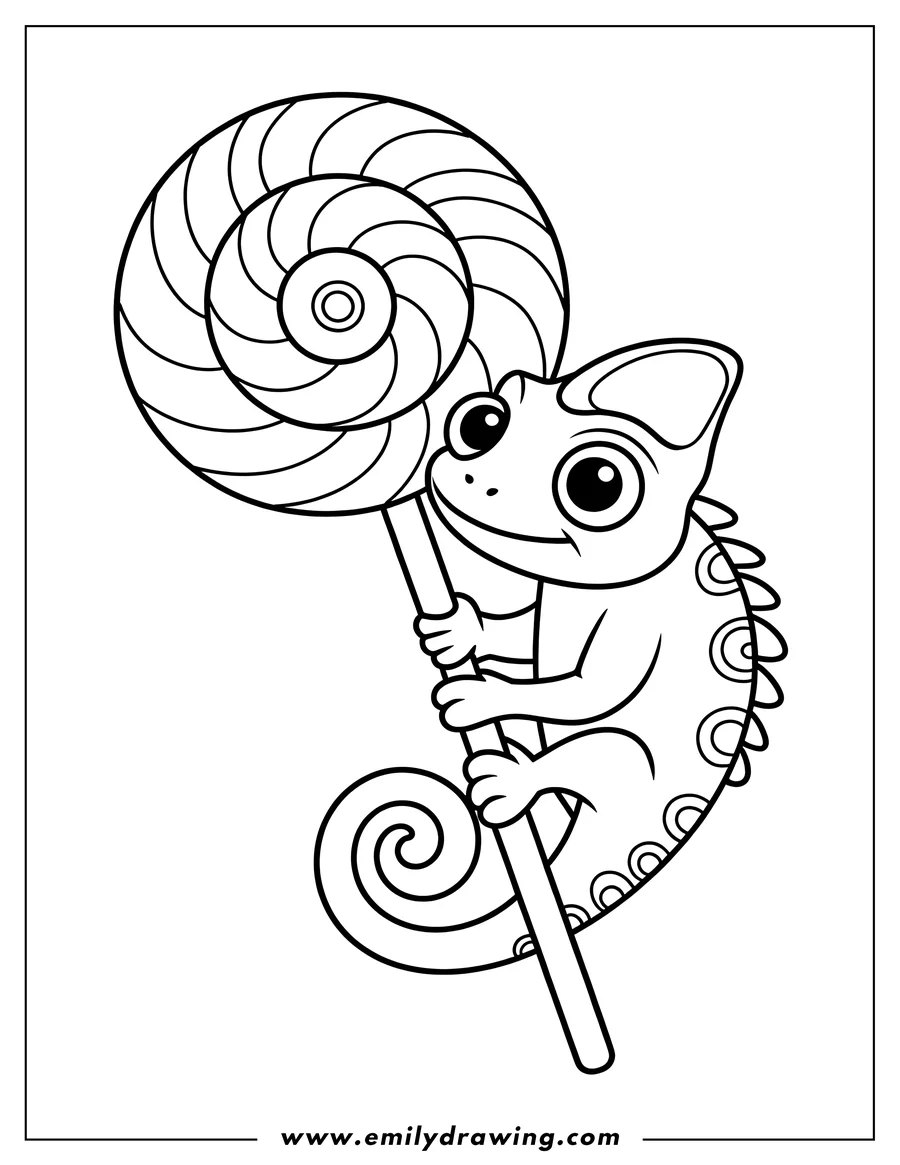Outline of a chameleon holding a large swirly lollipop.