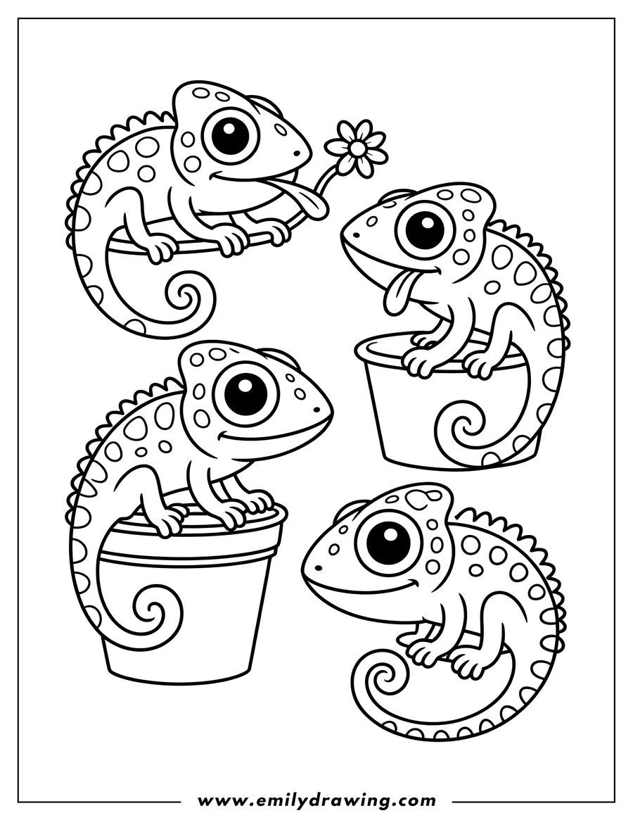 Line art of four chameleons. One holds a flower, two sit on flower pots, and one is perched on a branch.
