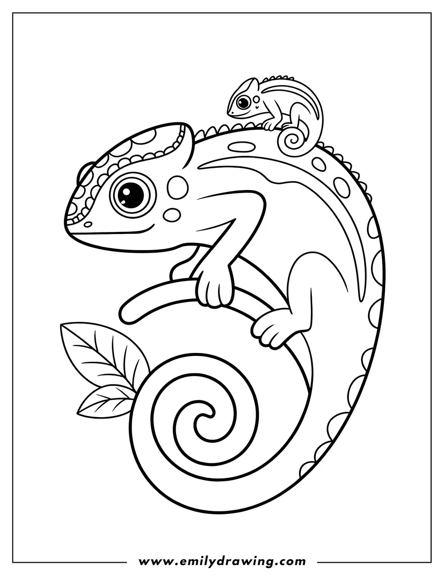 Outline of two chameleons, one large and one small, perched on a swirling branch with leaves.