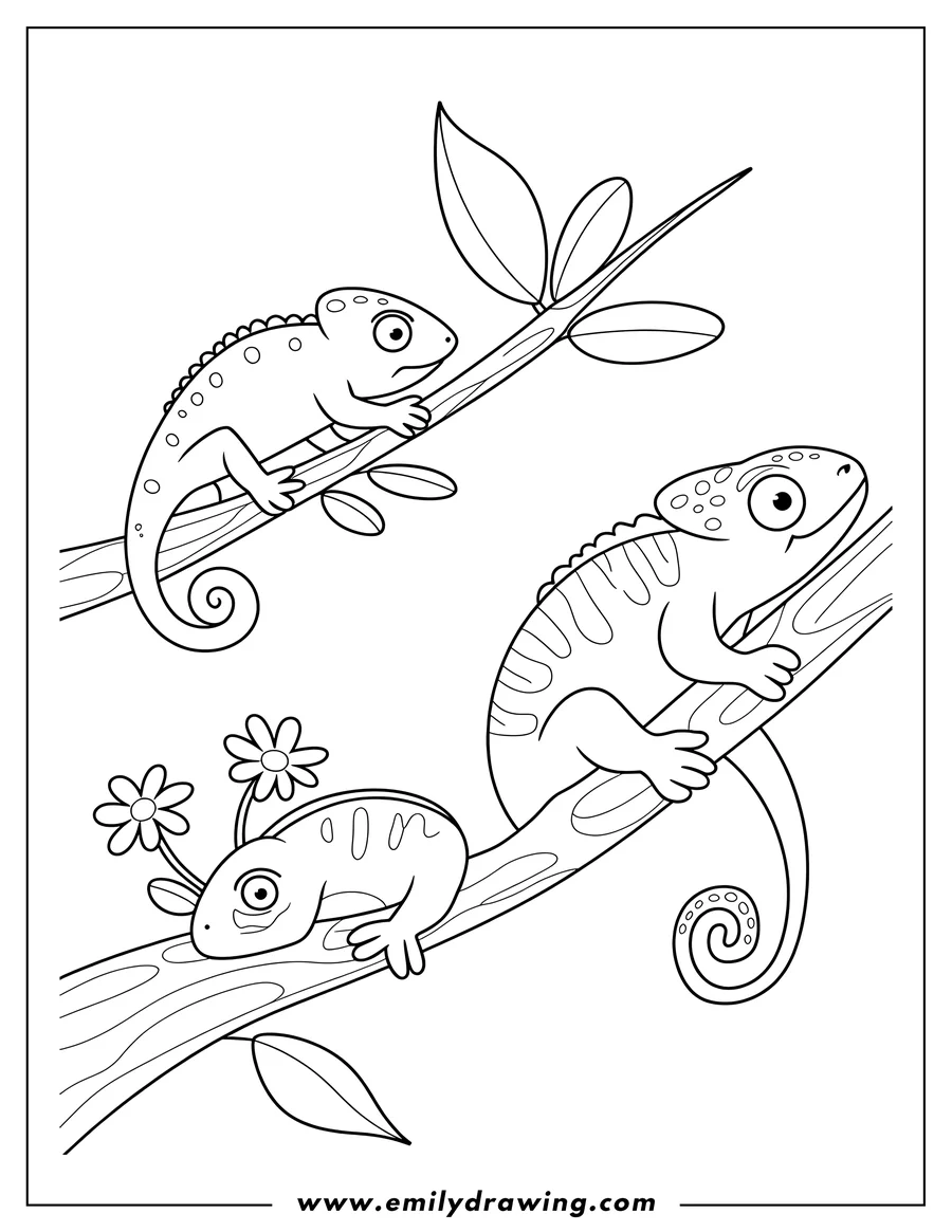 Three chameleons clinging to branches. One chameleon has flowers on its head.
