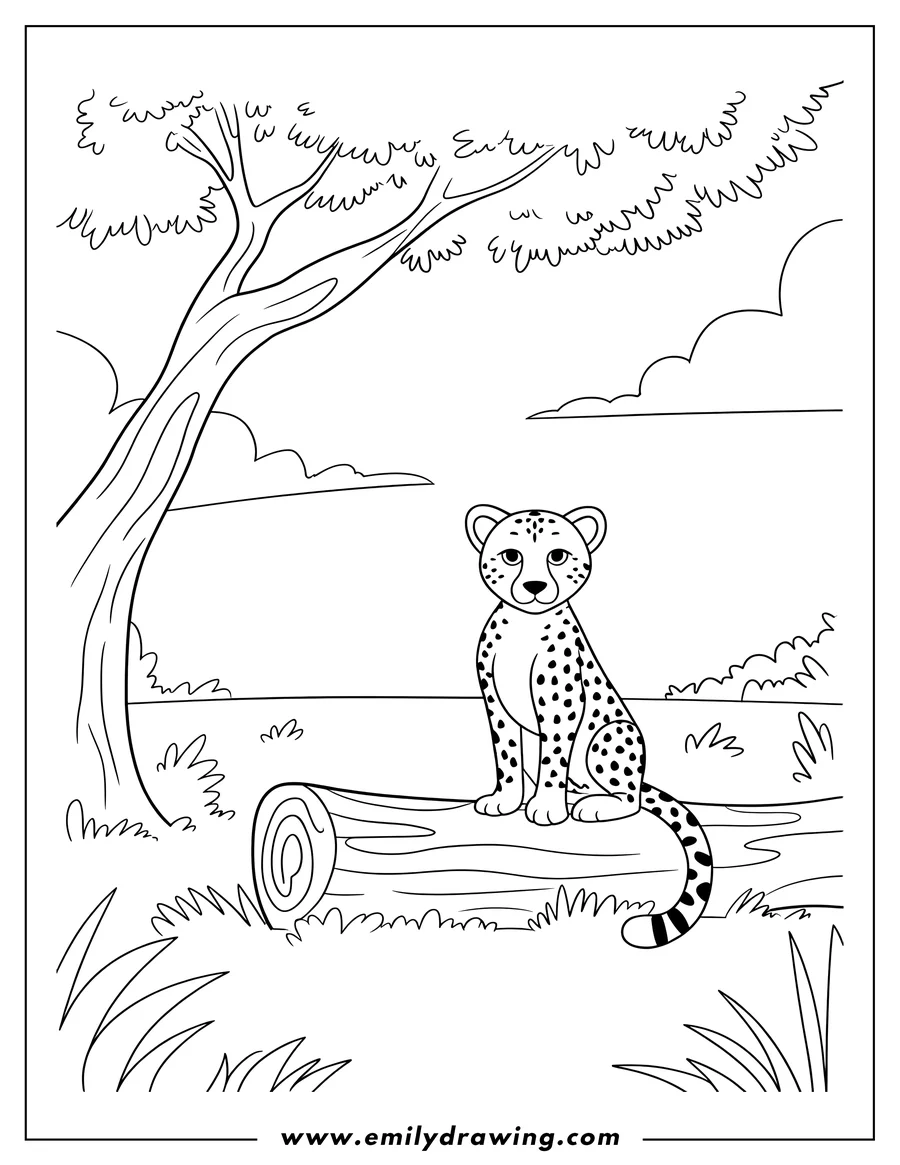 Outline of a cheetah sitting on a log near a tree. It has spots and a striped tail.