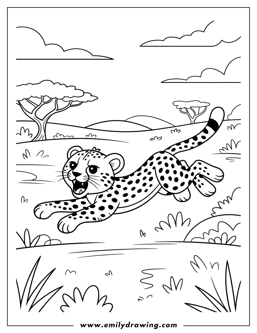 Outline of a cheetah running in the savanna.