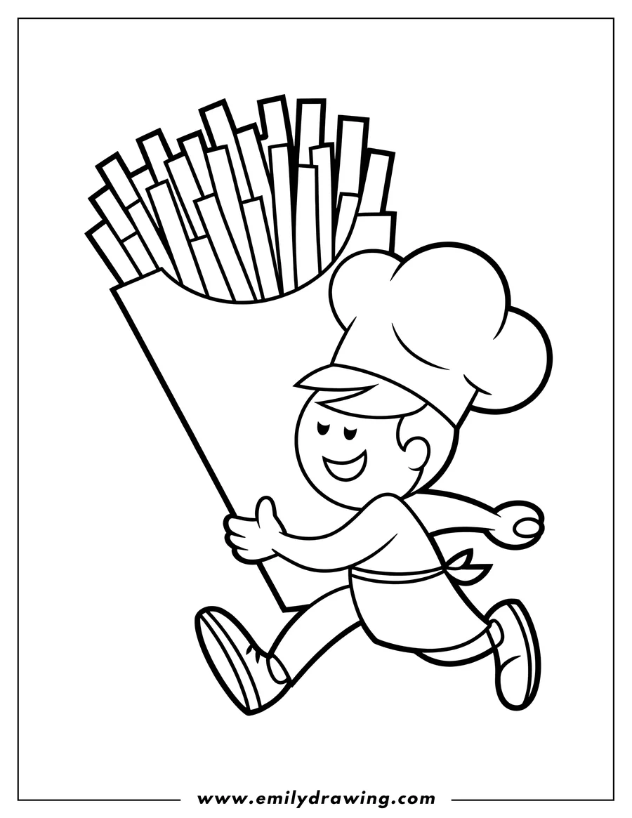 Line art of a chef running and carrying a large bag of french fries.
