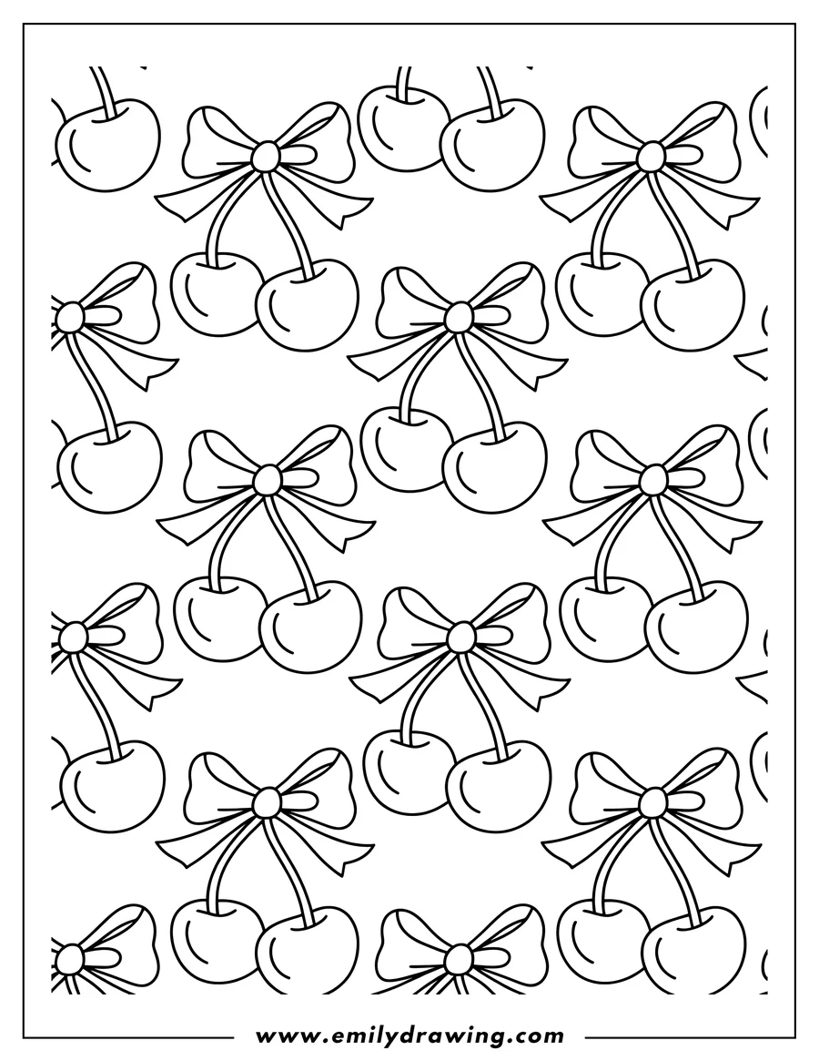 Line art of two cherries with stems tied together with a bow.