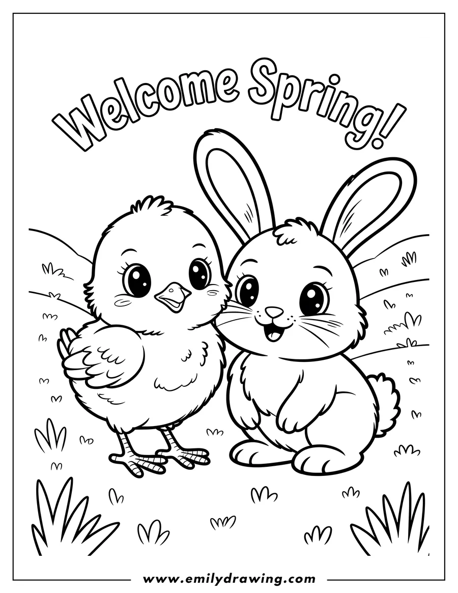 Line art of a chick and a bunny standing together in the grass.
