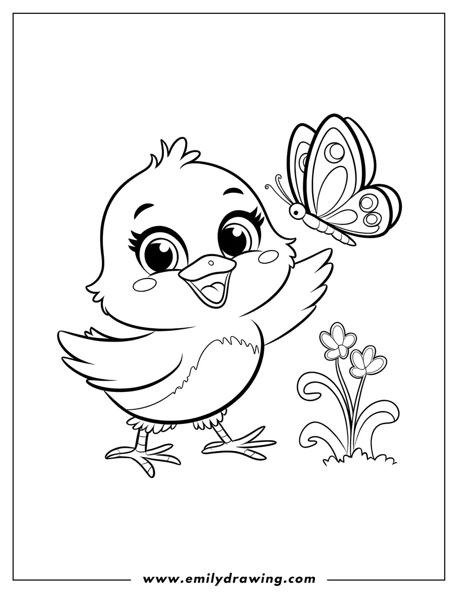Outline of a baby chick standing near a butterfly and some flowers.