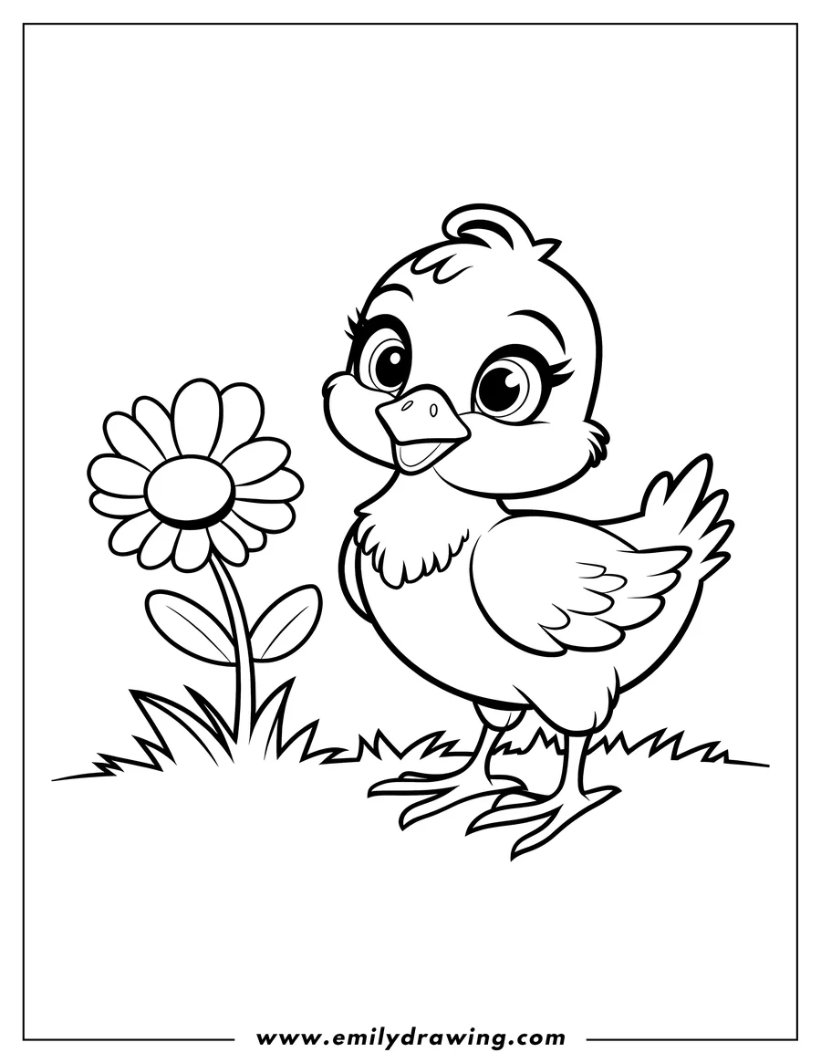 Outline of a small chick standing near a daisy flower in the grass.